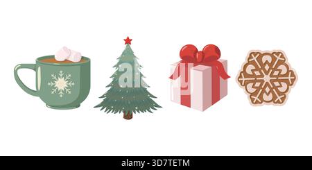 Ensemble de quatre illustrations festives tasse verte avec guimauves, arbre de Noël décoré, boîte cadeau rayée avec noeud rouge Illustration de Vecteur