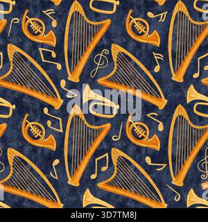 Cuivres, instruments de harpe, notes et aquarelle clef aigu motif sans couture sur bleu texturé. Clipart musical peint à la main idéal pour les thèmes de Noël Banque D'Images