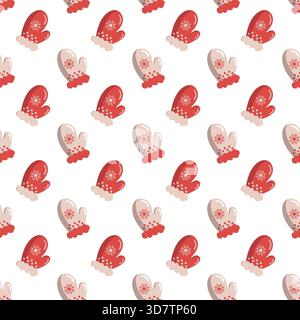 Motif hiver sans couture avec moufles rouges et beiges décorées de flocons de neige. Motif répétitif festif parfait pour le papier d'emballage de Noël, le texte Illustration de Vecteur