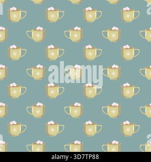 Motif sans couture avec des tasses jaunes de chocolat chaud et de guimauves sur un fond bleu. Illustration de boisson d'hiver confortable parfait pour Noël Illustration de Vecteur