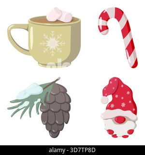 Ensemble de quatre icônes festives tasse beige avec guimauves, canne de bonbons à rayures rouges, pomme de pin enneigée avec des aiguilles et gnome en chapeau rouge Illustration de Vecteur