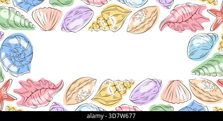 Coquillage coloré disposé dans une bordure décorative sur un fond blanc dans un style plat. Design marin tropical pour des œuvres d'art sur le thème de l'été ou de la plage. Illustration de Vecteur