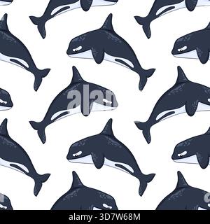 Modèle sans couture d'orque dans le style de bande dessinée. Motif animal sous-marin pour impression estivale sur fond blanc. Illustration de Vecteur