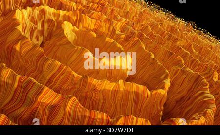 Gros plan abstrait de textures tourbillonnantes orange et jaune ressemblant à des vagues superposées. Illustration, rendu Banque D'Images