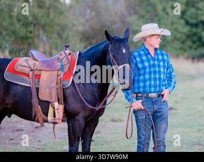 Cow-boy en chemise à carreaux bleu tenant des rênes de cheval noir sellé dans un champ herbeux. Oregon, États-Unis Banque D'Images