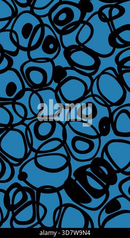 Griffonnages circulaires noirs abstraits sur une illustration de fond bleu vif, rendu Banque D'Images