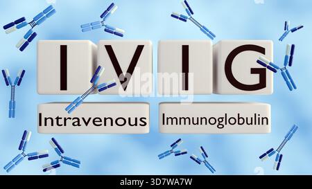Rendu 3d de 'IVIG' et 'immunoglobuline intraveineuse' sur les cubes blancs avec des molécules d'anticorps flottantes Banque D'Images