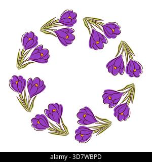 Couronne avec fleur de crocus avec des feuilles vertes dans un style plat. Cadre floral coloré pour la conception de printemps, carte de voeux et thème de la nature isolé sur blanc Illustration de Vecteur