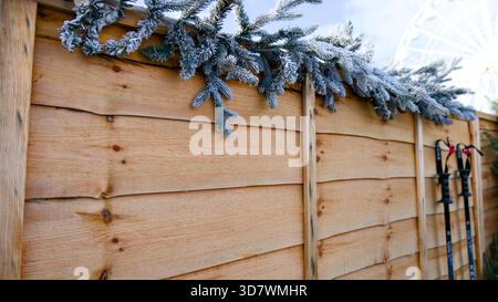 Gros plan de deux bâtons de ski modernes avec des sangles rouges suspendues verticalement sur un mur de planche de bois clair. La scène est encadrée par le feuillage frais de pin ou de sapin, donc Banque D'Images
