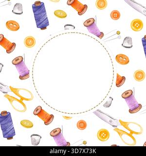Cadre rond des éléments de couture et espace de copie pour le texte. Ciseaux, bobines de fil, boutons ronds, épingles, dé à coudre. Clipart de couture. Illustrati dessiné à la main Banque D'Images