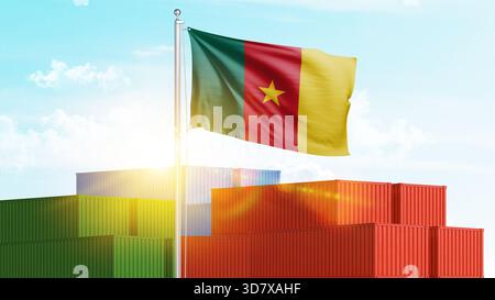 Conteneurs maritimes avec pavillon du Cameroun. Concept commercial des productions d'importation et d'exportation. Banque D'Images