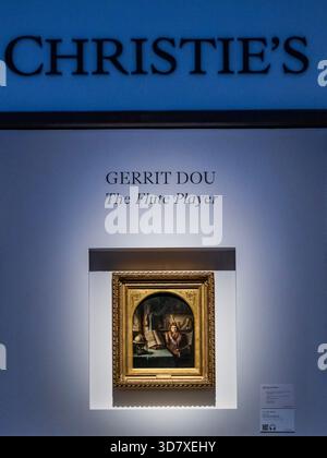Londres, Royaume-Uni. 27 novembre 2025. La première représentation d'un musicien par Gerrit Dou, le joueur de flûte, mène la vente pendant la semaine classique à Londres (estimation : £2 000 000-3 000 000). Crédit : Guy Bell/Alamy Live News Banque D'Images