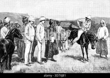 Sketches in Burmah : acheter des poneys au camp Shan, Mandalay, 1890. Les Britanniques en extrême-Orient. 'L'achat de poneys est la scène représentée dans l'un des croquis de notre correspondant. Les Shans apportent leurs beaux poneys robustes à Mandalay pour la vente. Ces poneys sont gardés dans une grande enceinte, où vivent également les Shans eux-mêmes, et qui est connu sous le nom de camp Shan. Lorsqu'une caravane Shan arrive à Mandalay, ceux qui ont besoin de poneys visitent le camp et font leurs achats par l'intermédiaire d'un interprète. Bien sûr, les poneys sont pour la plupart sauvages et non entraînés, et s'opposent fortement à être montés. Beaucoup de s amusants Banque D'Images