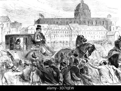 L'adieu de Berlin à Bismarck, 1890. Le prince Bismarck a pris congé de l'empereur Guillaume Ier, au Palais Impérial, le mercredi 26 mars...des foules de gens se sont rassemblées dans les rues tout le chemin de sa résidence, le Radziwill Palace dans la Wilhelmstrasse, pour voir passer le grand ex-ministre...il a été fait l'objet d'une manifestation populaire enthousiaste, les policiers montés qui escortaient sa voiture ayant beaucoup de mal dans un passage pour elle à travers les multitudes luttantes et acclamations. De nombreux bouquets de fleurs ont été jetés dans le chariot, tandis que l'ondulation de chapeaux et de la main Banque D'Images