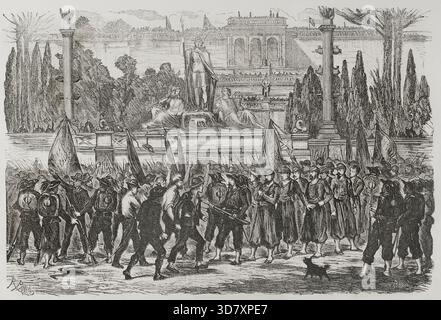 Les troupes italiennes prenant possession de la Piazza del Popolo empêchant les gens ordinaires attaquant les Zouaves pontificaux faits prisonniers, 1871. Occupation de Rome par les troupes du Royaume d'Italie dirigées par le général Raffaele Cadorna le 20 septembre 1870. Unification de l'Italie. Extrait de "Historia de la Guerra de Francia y Prusia" (histoire de la guerre entre la France et la Prusse, vol II, publié à Barcelone, 1871. Banque D'Images