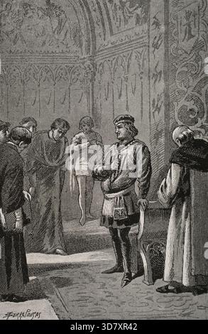 Le roi Jean Ier d'Aragon (1350-1396) aux cours de Monzón en 1383, 1890. Extrait de "Glorias Españolas" (Glories d'Espagne), vol II, publié à Barcelone, 1890. Banque D'Images