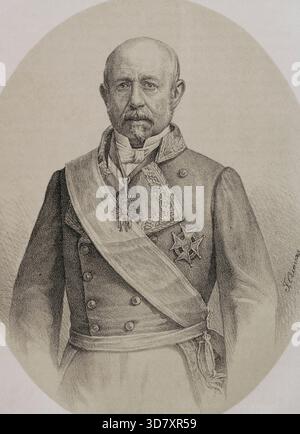 RAM&#xf3;n Mar&#xed;a Narv&#xe1;ez (1799-1868), général et homme politique espagnol, 1869. 1er duc de Valence. Chef du Parti modéré sous le règne d'Isabelle Ier premier ministre d'Espagne à sept reprises entre 1844 et 1868. Extrait de "Historia de la Guerra civil y de los Partidos Liberal y Carlista" (histoire de la guerre civile et des partis libéral et carliste), volume V, 1869. Banque D'Images