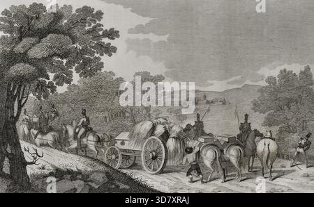 Première Guerre carliste, (1833-1840) : conduite d'un convoi, 1842. Transport de munitions à Bilbao via Durango. Guerre civile qui a confronté les Carlistes, partisans de l'Infant Carlos María Isidro de Borbón, contre les Isabelinos (Elizabethans), défenseurs d'Isabel II et le régent María Cristina de Borbón. Tiré de « Panorama Español, CRónica Contemporánea », Madrid, 1842. Banque D'Images