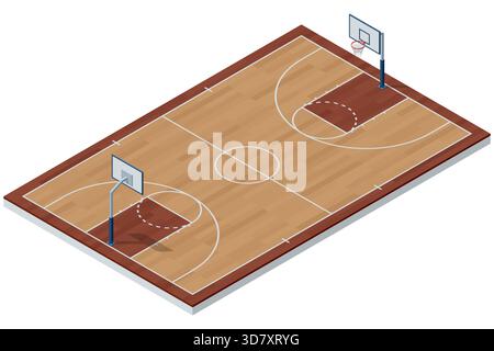 Illustration isométrique d'un terrain de basket-ball intérieur avec parquet, lignes peintes et deux cerceaux. Disposition détaillée de l'arène sportive pour l'entraînement Illustration de Vecteur