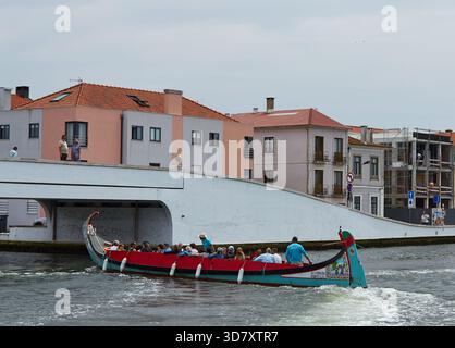 Aveiro, Portugal - 14 juin 2025 : un bateau traditionnel moliceiros transporte les touristes à travers les canaux pittoresques d'Aveiro, entouré de charmants pastel-co Banque D'Images
