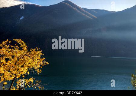 VUE IMPRENABLE de Olive Trail sur le lac Lugano - vitesse bateau à moteur iin distance dans l'eau. Mode de vie sain et vues fantastiques depuis le sentier Banque D'Images