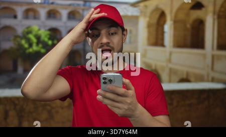 Jeune homme portant une casquette rouge et chemise taps smartphone sur la rue ensoleillée de la vieille ville flanquée d'arches historiques ; surprise. Banque D'Images