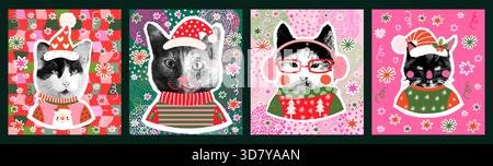 Cartes de voeux de Noël vectorielles drôles avec des chats de collage hipster avec des pulls, des chapeaux et des foulards laids pour la conception graphique de vacances Illustration de Vecteur