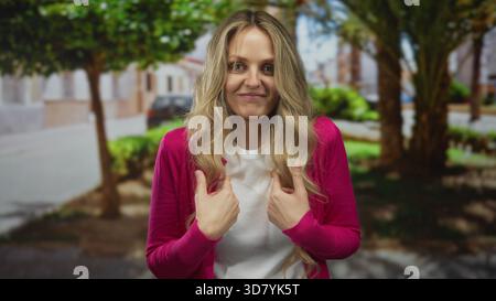 Femme tient le doigt tout en pointant vers elle-même dans le parc où la jeune blonde se tient au milieu du vert à l'extérieur avec une expression surprise. Banque D'Images