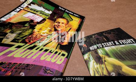 Film « Fight Club » ; édition DVD ; couverture et livret ; effet zoom ; isolé sur fond blanc clair ; prise de vue à angle supérieur. Banque D'Images