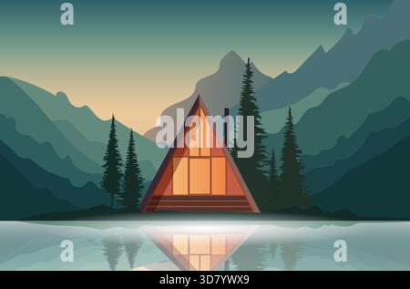 Une cabane confortable se trouve nichée parmi de grands arbres dans les montagnes. Le soleil se couche derrière les sommets, projetant une lumière chaude sur la surface de l eau, créant un Illustration de Vecteur
