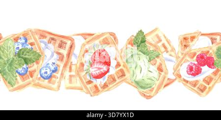 Une bordure horizontale sans couture avec gaufres belges, framboises, bleuets, fraises, crème fouettée, et menthe, peinte à l'aquarelle sur un isolat Banque D'Images