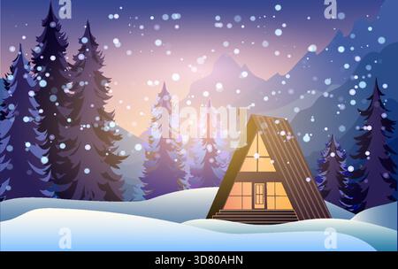 Une scène hivernale pittoresque présente une cabane confortable nichée parmi de grands arbres à feuilles persistantes Illustration de Vecteur