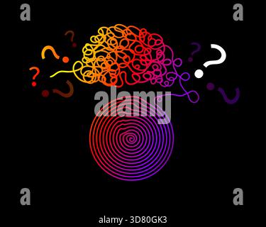 Emmêler et démêler le fil de pensées dessinées dans une ligne continue colorée. Concept de psychothérapie, santé mentale, résolution de problèmes. Vecteur Illustration de Vecteur