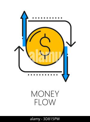 Flux d'argent d'investissement, icône ou symbole de ligne de couleur de finance. Icône vectorielle lineart de société de gestion d'entreprise, symbole de capital-risque et de flux de trésorerie. Pictogramme d'investissement d'argent avec signe de devise de dollar Illustration de Vecteur