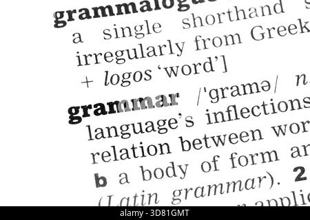 Définition du Dictionnaire de la grammaire en noir et blanc gros plan Banque D'Images