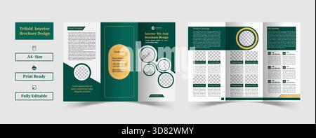 Élégant modèle de conception de brochure intérieure triple pli avec des accents verts et dorés, format A4, prêt à imprimer, et entièrement modifiable pour les profils d'entreprise modernes ou Illustration de Vecteur