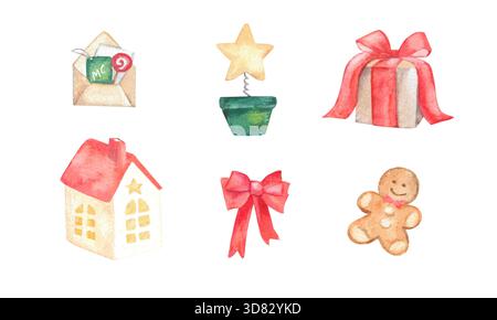 Joyeux bonhomme en pain d'épice avec arc rouge. Ensemble de mignons éléments de Noël aquarelle Banque D'Images