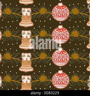 Motif de Noël sans couture avec boule de cloche en pain d'épice, biscuits festifs, plantes d'hiver et décorations de vacances. Perfec. Arrière-plan répétitif confortable Illustration de Vecteur