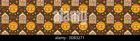 Motif biscuits et boules de Noël. Bordure de noël festive, ruban pour les décorations. Illustration de Vecteur