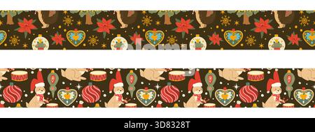 Motif de bordure de Noël avec des ornements festifs et lapin en chapeau de Père Noël. Design de vacances sans couture avec des éléments d'arbre décorés sur fond sombre f Illustration de Vecteur