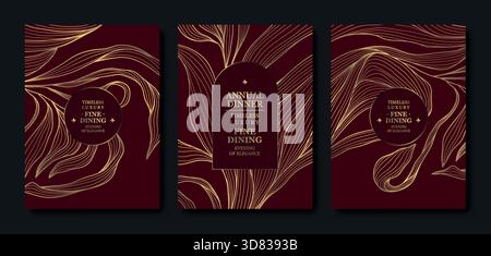 Design d'invitation Bourgogne et or premium, accents floraux élégants, fleurs de cerisier, éléments de ligne, style asiatique. Mariage modèle de luxe, galas Illustration de Vecteur