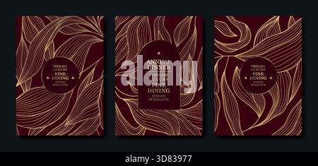 Design d'invitation Bourgogne et or premium, accents floraux élégants, fleurs de cerisier, éléments de ligne, style asiatique. Mariage modèle de luxe, galas Illustration de Vecteur