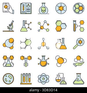 Jeu d'icônes colorées de chimie de l'école - collection de signes conceptuels créatifs chimiques ou biologiques Illustration de Vecteur