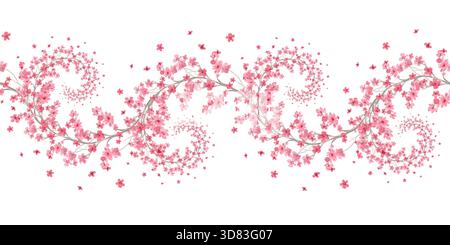 Bordure sans couture de branches de sakura en forme de spirale. Aquarelle illustration faite à la main. Pour tissu, papier peint, cartes de voeux, design, décoration et Banque D'Images