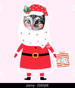 Fun Vector Santa Claus Cat tenant Un cadeau de Noël, collage animal de vacances pour affiches et bannières Illustration de Vecteur