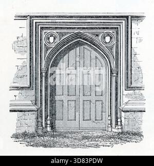 La gravure monochrome montre un élégant portail d'entrée gothique encadré dans une moulure extérieure rectangulaire ou une étiquette. La structure comporte une arche pointue soutenue par des colonnes minces, enfermant un ensemble de grandes portes en bois doubles à panneaux multiples. Dans les spandrels au-dessus de l'arc, deux médaillons circulaires distincts entourent de petits boucliers héraldiques. Extrait d'une collection de gravures sur bois publiée dans la 4e édition (agrandie) d'Un Glossaire des termes utilisés dans l'architecture grecque, romaine, italienne et gothique, qui a été publiée en 1845. Dans certains cas, les pages avaient un peu de foxing modéré. Banque D'Images