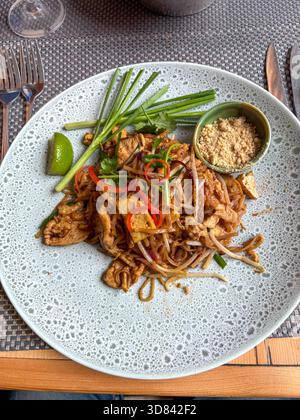 Plat thaïlandais classique avec poulet, nouilles, germes de haricots, cacahuètes et citron vert sur une assiette de restaurant moderne Banque D'Images