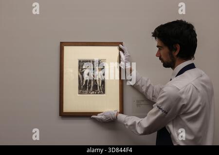 Sotheby’s, Londres, Royaume-Uni. 28 novembre 2025. Adam et Eve, exceptionnellement rares d’Albrecht Dürer, un point de repère dans la gravure de la Renaissance et estimé entre 250 000 et 450 000 £, est présenté lors d’une visite photo à Sotheby’s.. Banque D'Images