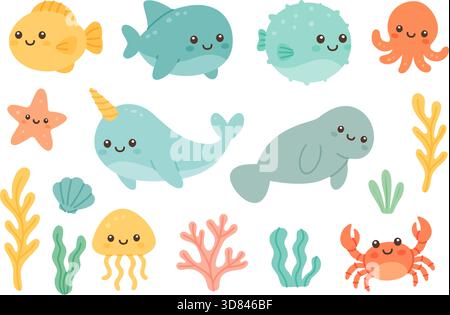 Animaux marins mignons. Créatures et plantes sous-marines pour des projets créatifs sur le thème de l'océan Illustration de Vecteur