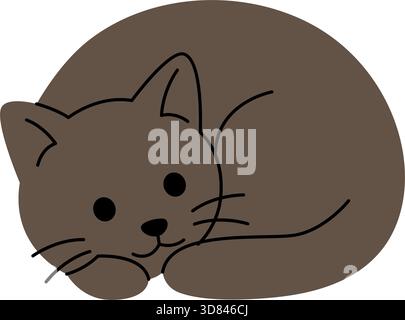 Chat noir de dessin animé mignon enroulé vers le haut dormir. Illustration vectorielle plate d'animal domestique confortable dans un style adorable simple Illustration de Vecteur